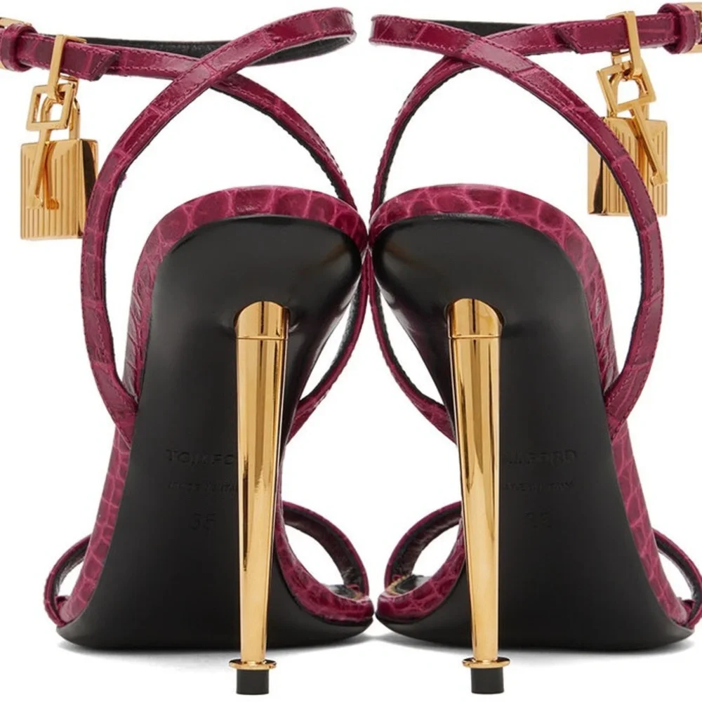 Tom Ford Padlock 105 lock cranberry leather heeled sandals sz 38.5 - Picture 10 of 17